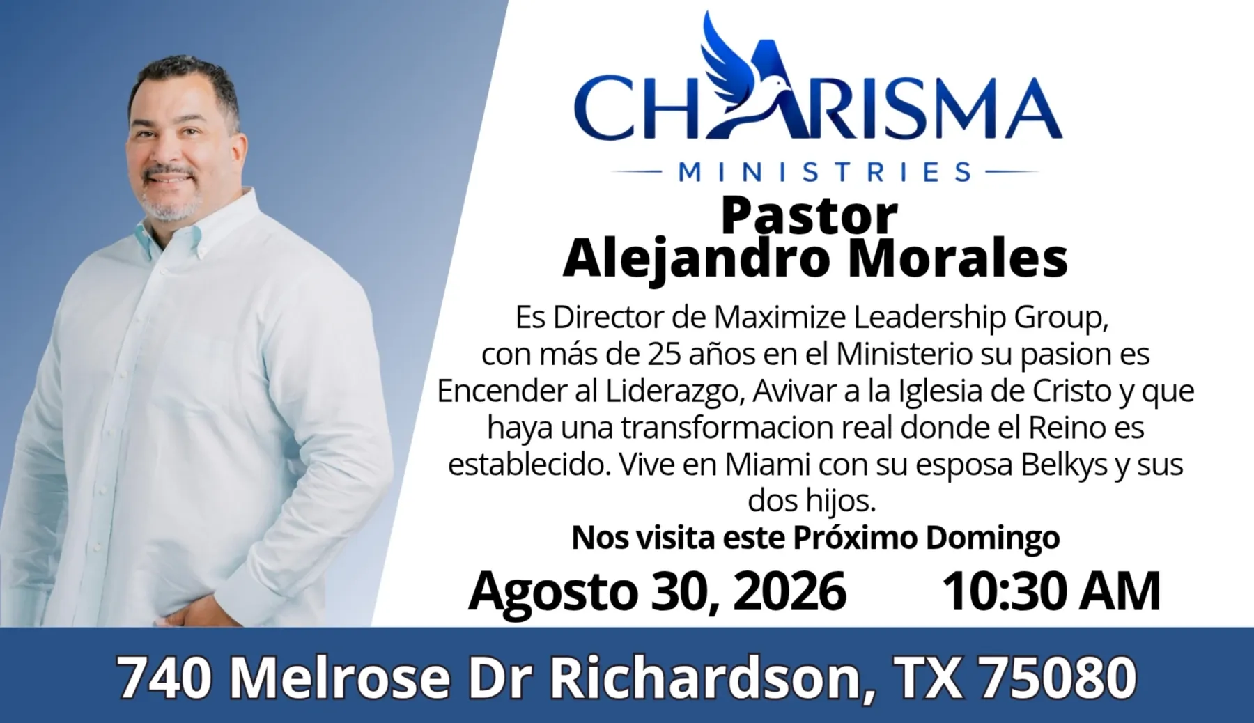 Culto de domingo na Charisma Ministries em 30 de agosto de 2026